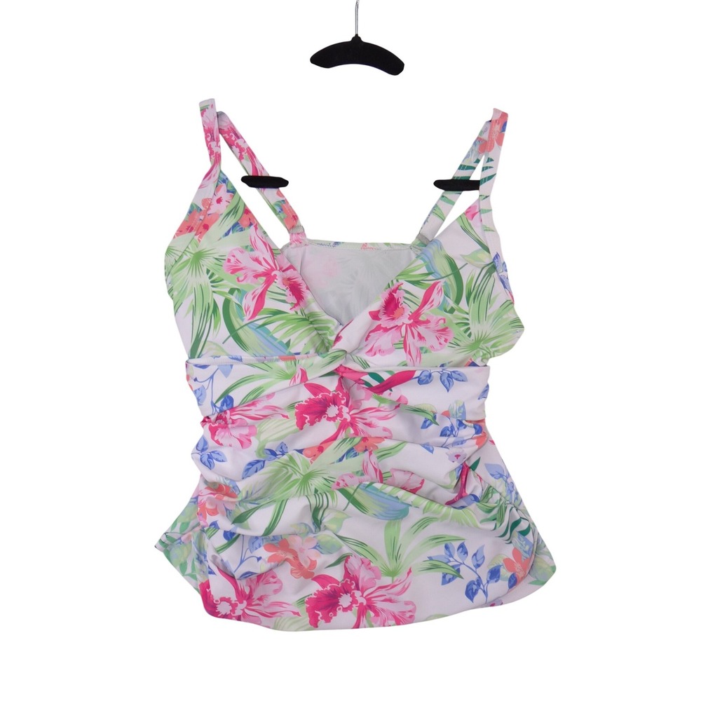 Floral Tropical Tankini Swim Top White Pink Green Ruched‎ V-Neck Size L